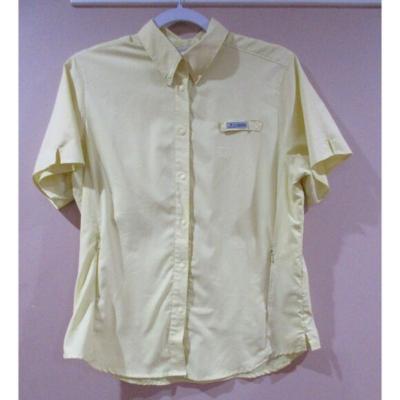 Columbia Omni-Shade PFG Snap Shirt Women M Yellow Short Sleeve Side Pockets Zip - Picture 1 of 14